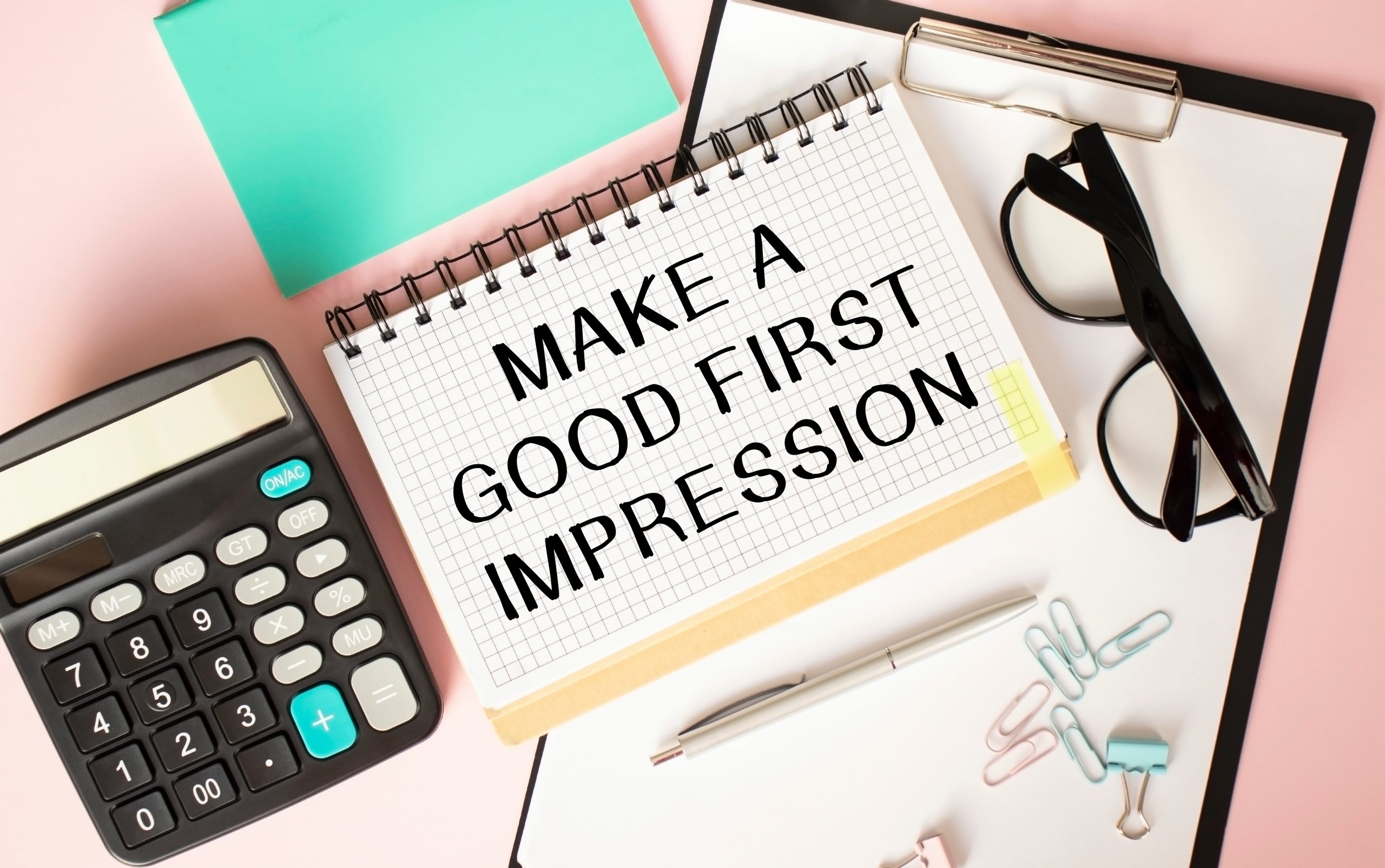 Notebook with 'Make a Good First Impression' written on it, surrounded by office supplies, highlighting the importance of alternative ingredient marketing.