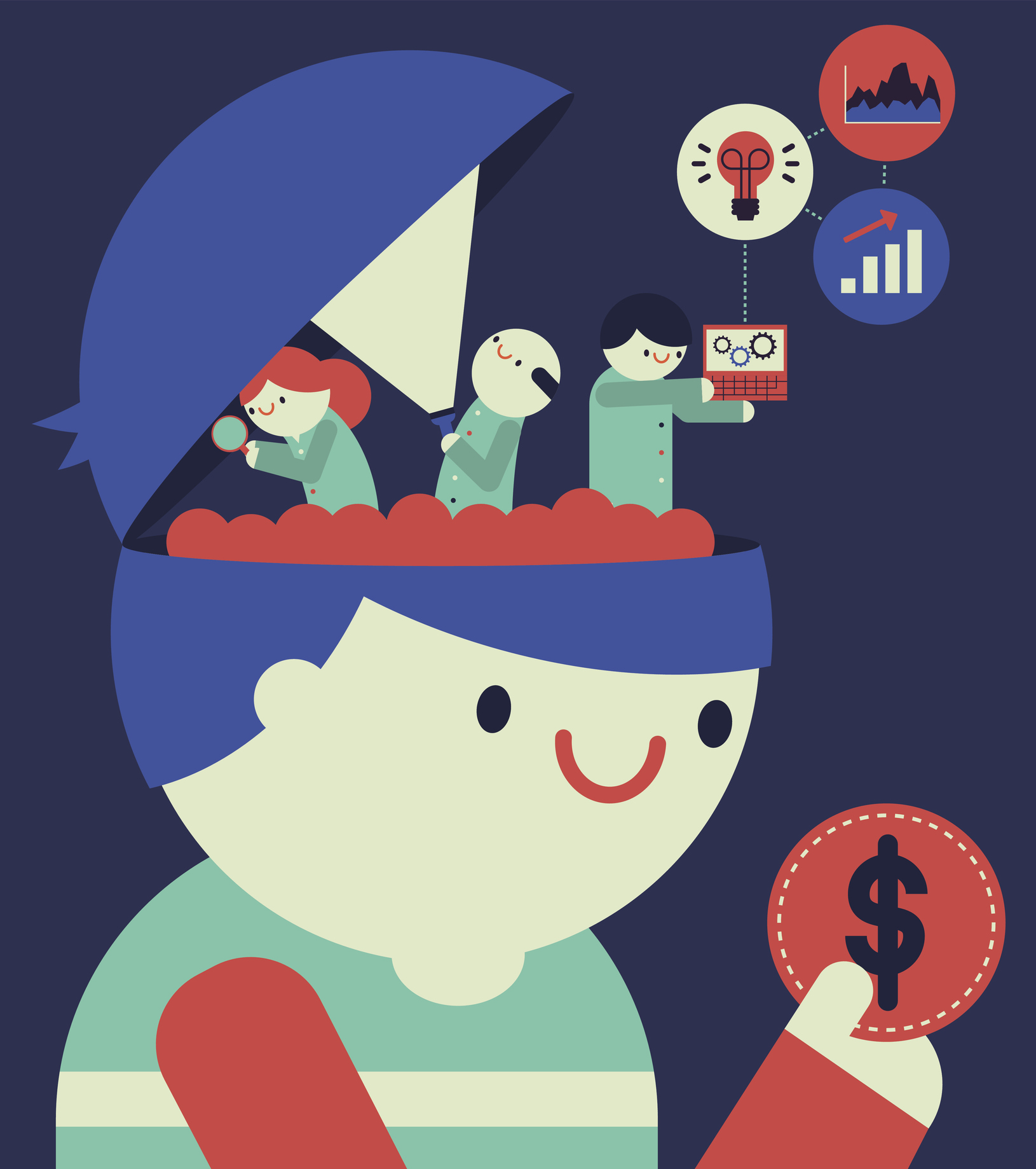 A playful illustration of a person holding a red coin with a dollar sign, featuring their open head revealing tiny characters analyzing and presenting ideas, charts, and graphs.